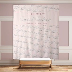 Sweet 16 Blush Pink Silver Birthday Party Backdrop Tapestry