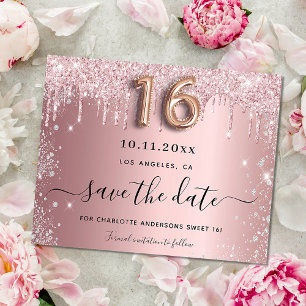 Sweet 16 blush pink silver budget save the date flyer