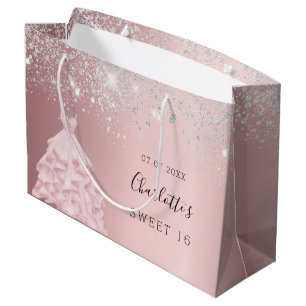 Sweet 16 blush pink silver glitter dress large gift bag