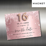 Sweet 16 blush pink silver save the date magnet<br><div class="desc">A girly and trendy Save the Date magnetic card for a Sweet 16, 16th birthday party. Blush pink faux metallic looking background decorated with pink and faux silver glitter drips and dust. Personalise and add a date and name/text. The text: Save the Date is written with a large trendy hand...</div>