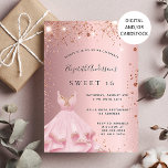 Sweet 16 blush pink sparkle dress invitation<br><div class="desc">A modern,  stylish and glamourous invitation for a Sweet 16,  16th birthday party.  A blush pink background with rose gold sparkles and a pink dress.  The name is written with a hand lettered style script.  Personalise and add your party details.</div>
