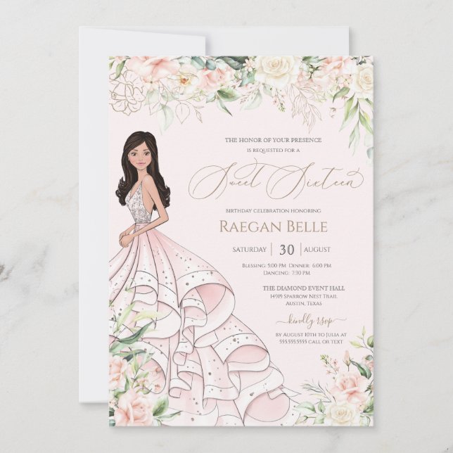 Sweet 16 Blush Pink White Roses & Luxury Gown Invitation (Front)