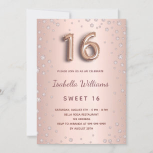 Sweet 16 blush rose gold diamonds script invitation