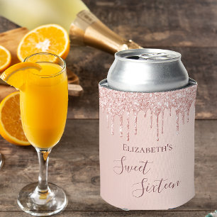 Sweet 16 blush rose gold glitter drips name can cooler