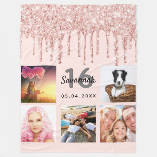 Sweet 16;blush rose gold glitter photo name fleece blanket