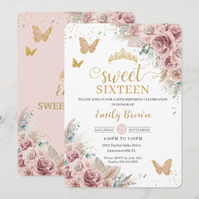 Sweet 16 Boho Blush Dusty Rose Floral Pampas Grass Invitation (Front/Back)