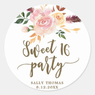 sweet 16 boho floral pink favor sticker