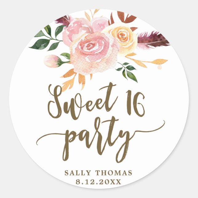 sweet 16 boho floral pink favor sticker (Front)