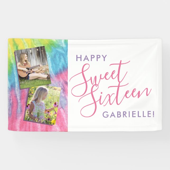 Sweet 16 Boho Tie Dye Happy Birthday Photo Banner (Horizontal)