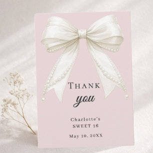 Sweet 16 bow dusty blush pink ivory pearls thank you card