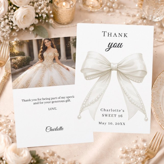 Sweet 16 bow ivory pearls photo thank you card (Creator Uploaded)