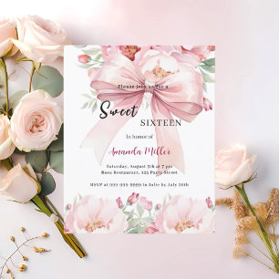 Sweet 16 bow pink watercolor florals invitation