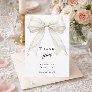 Sweet 16 bow white ivory pearls thank you card