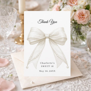 Sweet 16 bow white ivory pearls thank you card