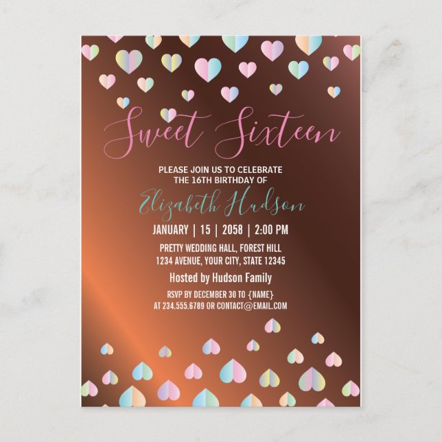 Sweet 16 Bronze Invitation with Colourful Speckles (Front)