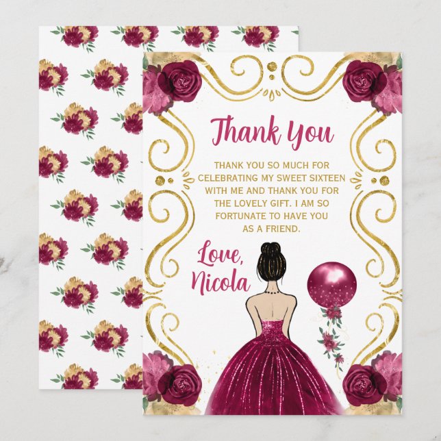 Sweet 16 Brown Hair Princess Burgundy  Thank You Card (Front/Back)