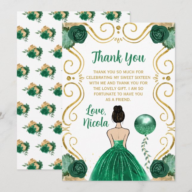 Sweet 16 Brown Hair Princess Green Thank You (Front/Back)