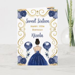 Sweet 16 Brown Hair Princess Navy Happy Birthday Card