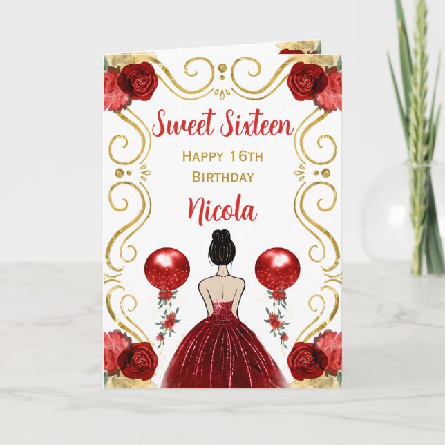 Sweet 16 Brown Hair Princess Red Happy Birthday Card (Front)