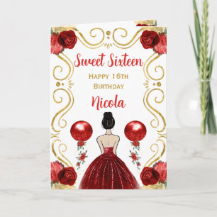 Sweet 16 Brown Hair Princess Red Happy Birthday Card