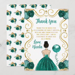 Sweet 16 Brown Hair Princess Teal Thank You Card