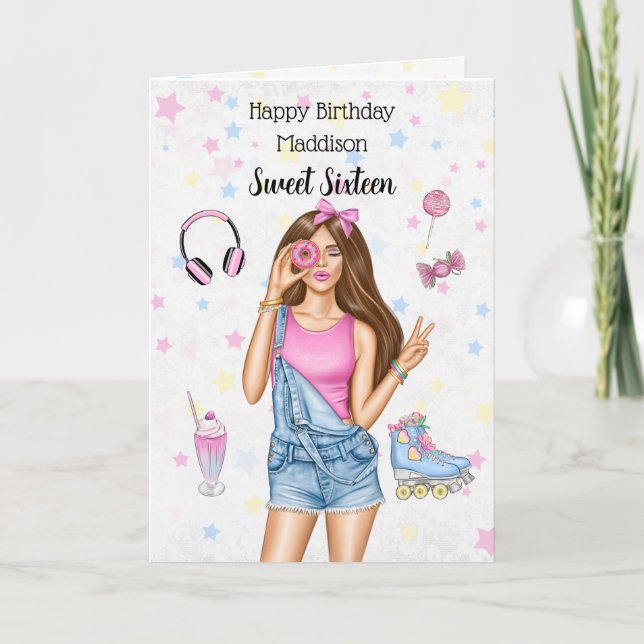 Sweet 16 Brunette Roller Girl Happy Birthday Card (Front)