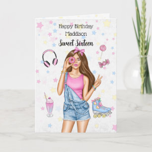 Sweet 16 Brunette Roller Girl Happy Birthday Card