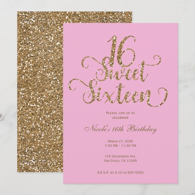 Sweet 16 Bubblegum Pink & Gold Glitter Birthday  Invitation (Front/Back)