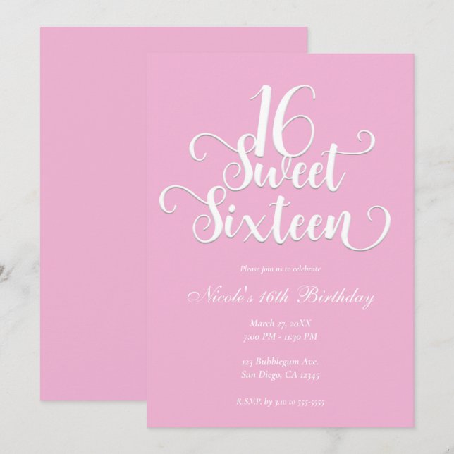 Sweet 16 Bubblegum Pink & White Birthday Party   Invitation (Front/Back)
