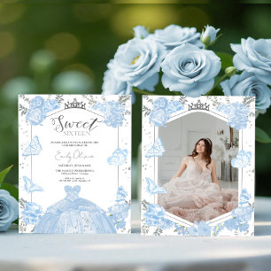 Sweet 16 Budget Photo Invitation Blue Butterfly