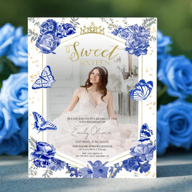 Sweet 16 Budget Photo Invitation Blue Butterfly (Creator Uploaded)