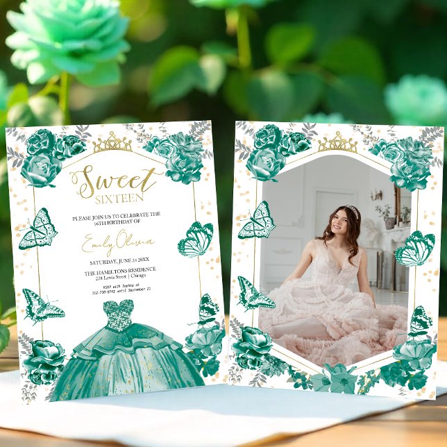 Sweet 16 Budget Photo Invitation Green Butterfly (Creator Uploaded)