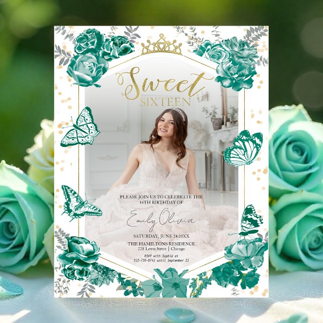 Sweet 16 Budget Photo Invitation Green Butterfly (Creator Uploaded)