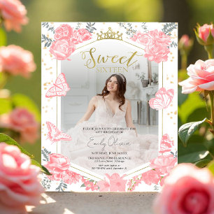 Sweet 16 Budget Photo Invitation Pink Butterfly