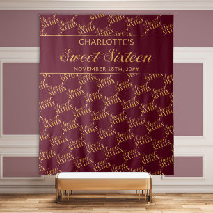Sweet 16 Burgundy and Gold Birthday Party Backdrop Tapestry