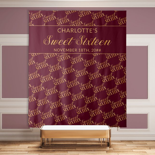 Sweet 16 Burgundy and Gold Birthday Party Backdrop Tapestry (Creator Uploaded)