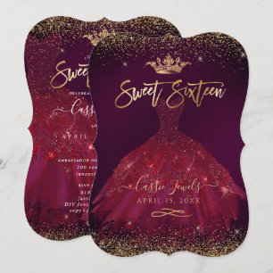 Sweet 16 Burgundy Gold Confetti+Princess Crown Invitation