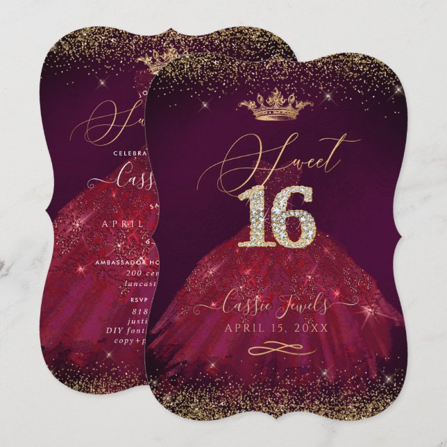 Sweet 16 Burgundy Gold Confetti+Princess Crown Invitation (Front/Back)