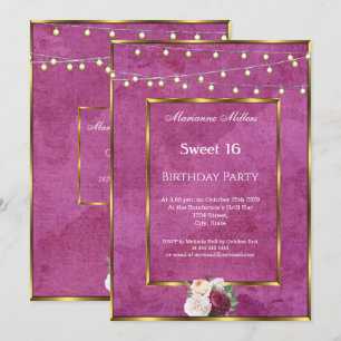 Sweet 16 Burgundy Gold Fairy Lights Roses Invitation