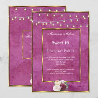 Sweet 16 Burgundy Gold Fairy Lights Roses Invitation