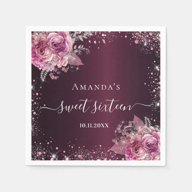 Sweet 16 burgundy pink florals name script napkin (Front)