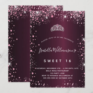 Sweet 16 burgundy pink glitter tiara invitation