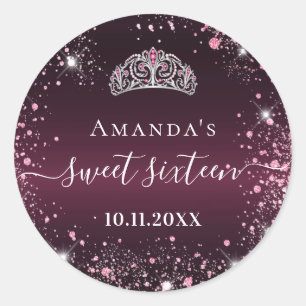 Sweet 16 burgundy pink tiara name script classic round sticker