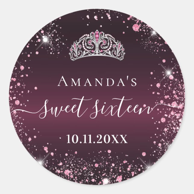 Sweet 16 burgundy pink tiara name script classic round sticker (Front)