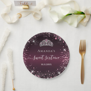 Sweet 16 burgundy pink tiara name script paper plate
