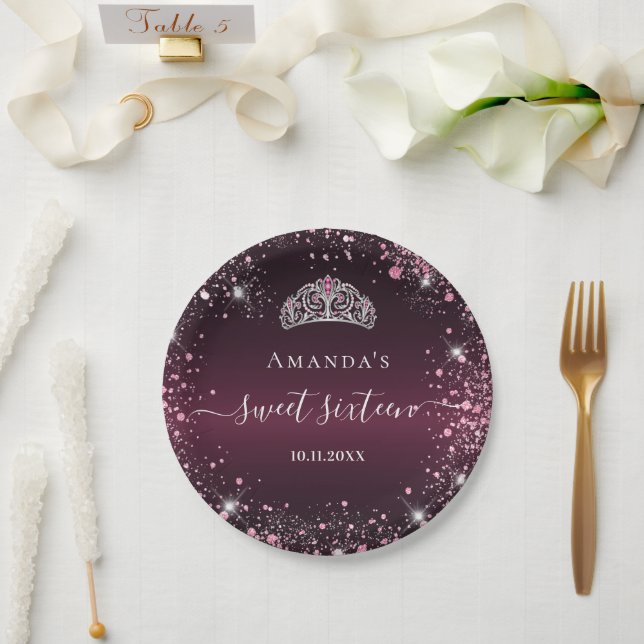 Sweet 16 burgundy pink tiara name script paper plate (Wedding)
