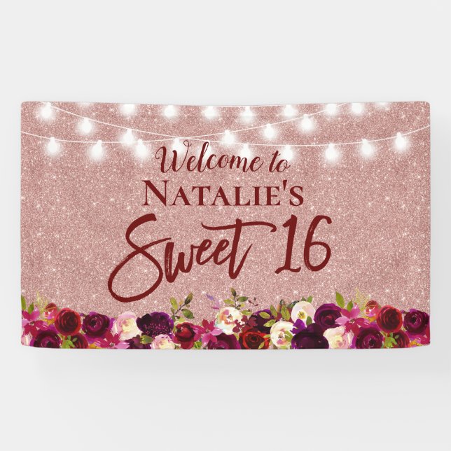 Sweet 16 Burgundy Red Floral Rose Gold Glitter Banner (Horizontal)