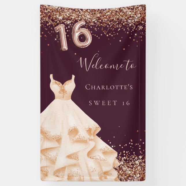 Sweet 16 burgundy rose gold dress banner (Vertical)