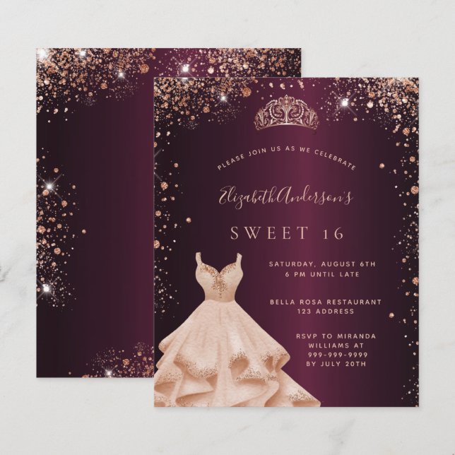 Sweet 16 burgundy rose gold dress tiara invitation (Front/Back)