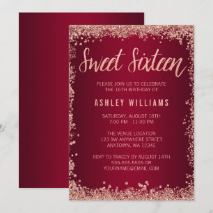 Sweet 16 Burgundy Rose Gold Faux Glitter Birthday Invitation